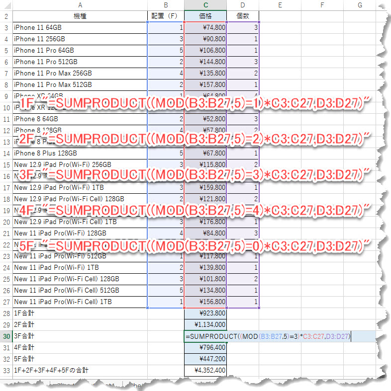 Excel SUMPRODUCTsとMOD関数